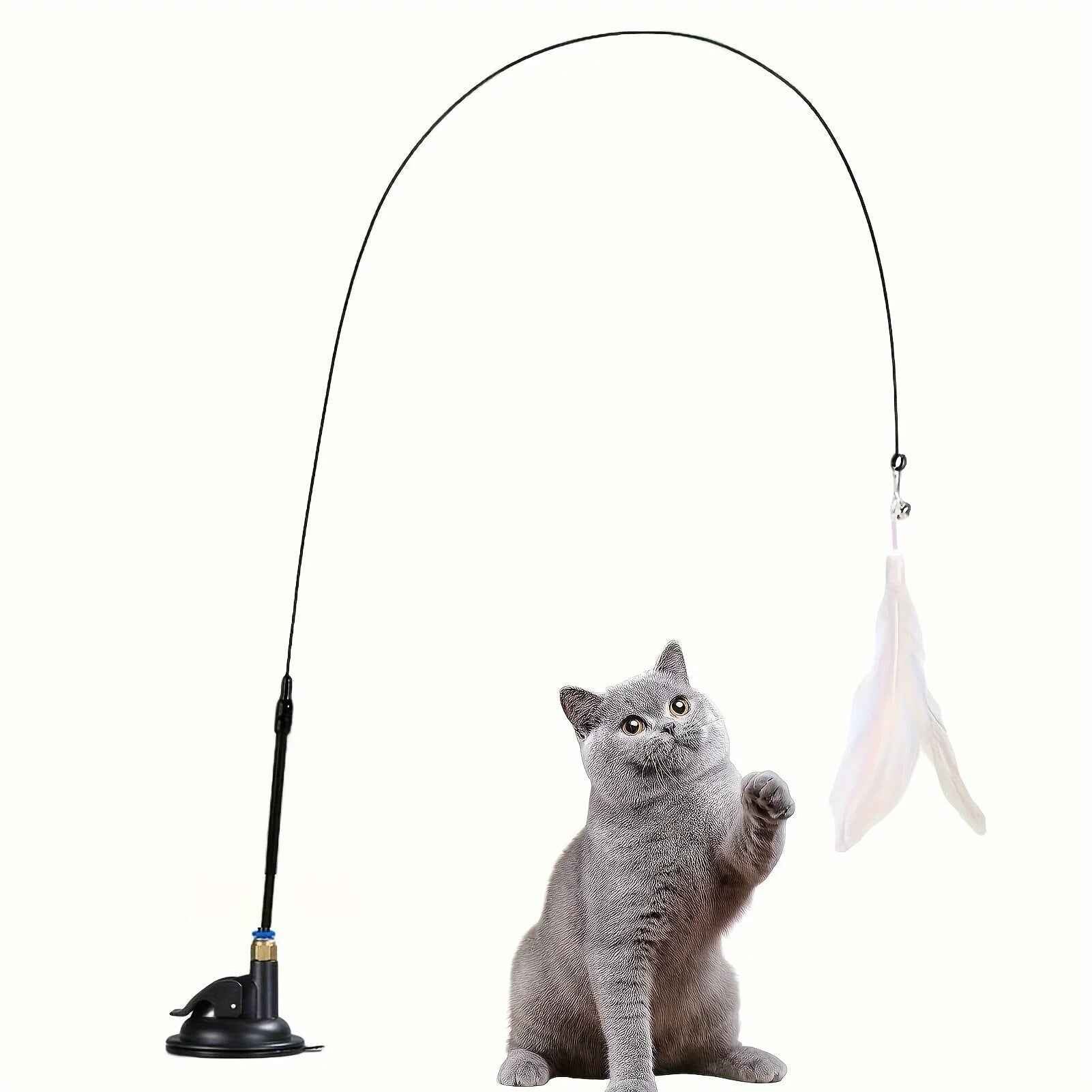 Cat Teaser Toy: Long Suction Cup Pole Interactive Bell and Feather Wand
