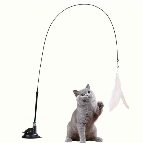 Cat Teaser Toy: Long Suction Cup Pole Interactive Bell and Feather Wand