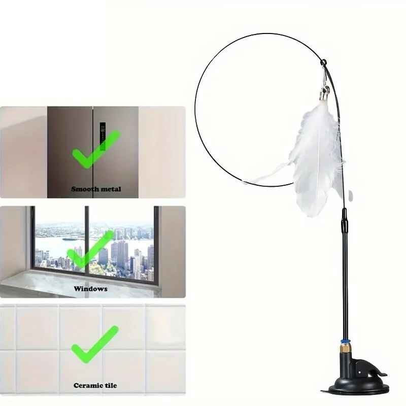 Cat Teaser Toy: Long Suction Cup Pole Interactive Bell and Feather Wand