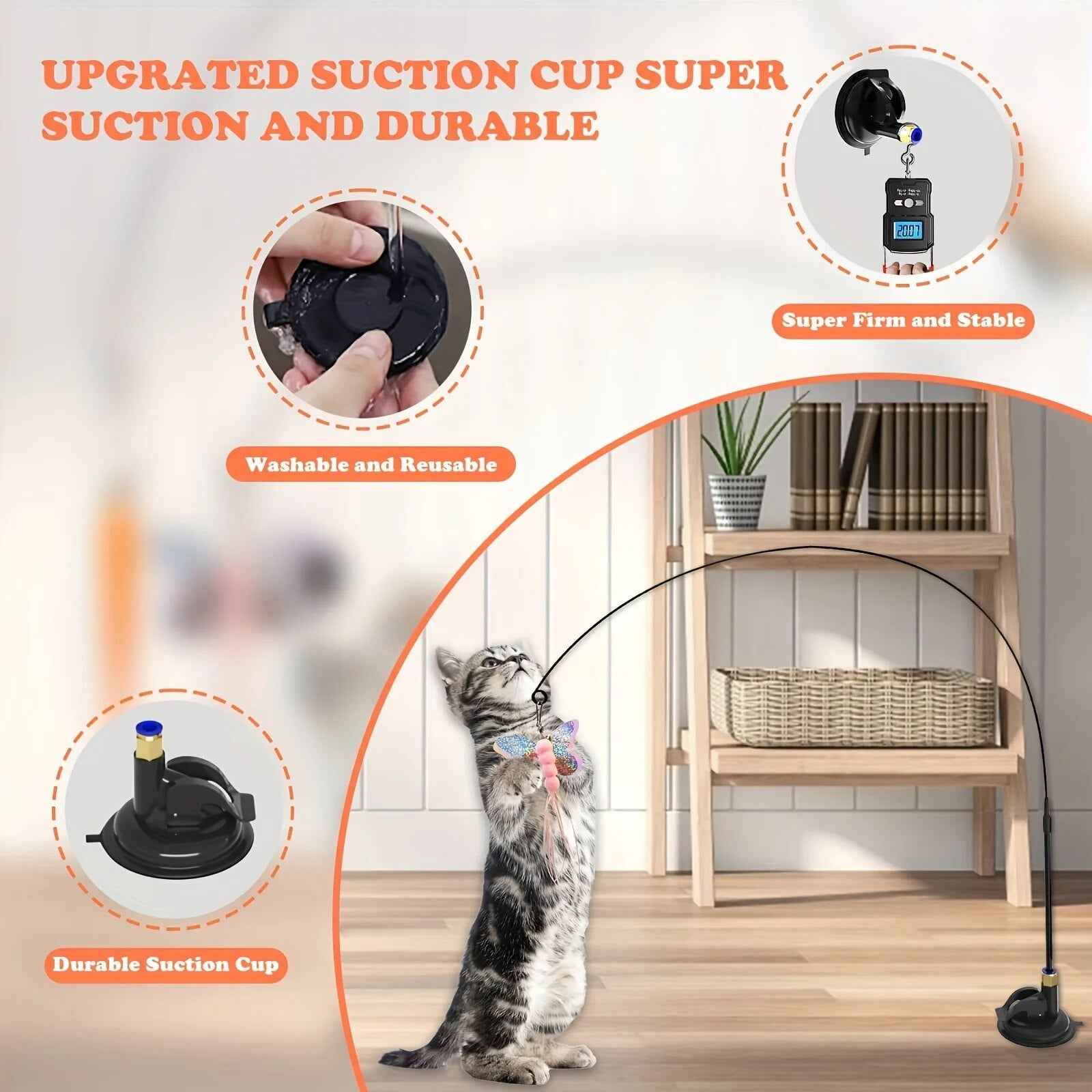 Cat Teaser Toy: Long Suction Cup Pole Interactive Bell and Feather Wand