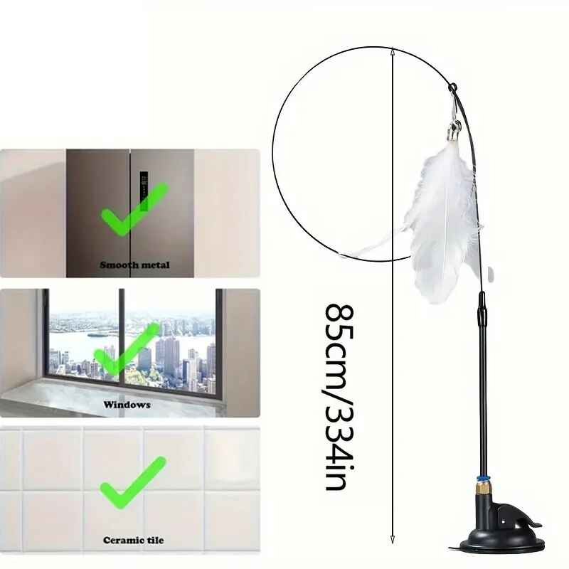 Cat Teaser Toy: Long Suction Cup Pole Interactive Bell and Feather Wand