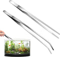 27cm stainless steel straight and curved aquarium tweezers for aquascaping, planting aquatic plants and feeding reptiles beside a planted freshwater fish tank.