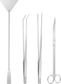 4-piece stainless steel aquascaping tools set including aquarium tweezers, curved scissors, algae scraper and substrate spatula beside a planted freshwater aquarium.