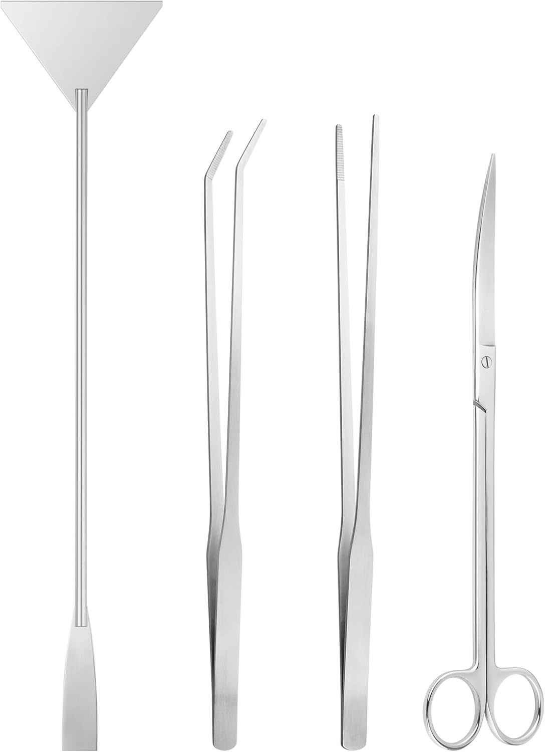 4-piece stainless steel aquascaping tools set including aquarium tweezers, curved scissors, algae scraper and substrate spatula beside a planted freshwater aquarium.