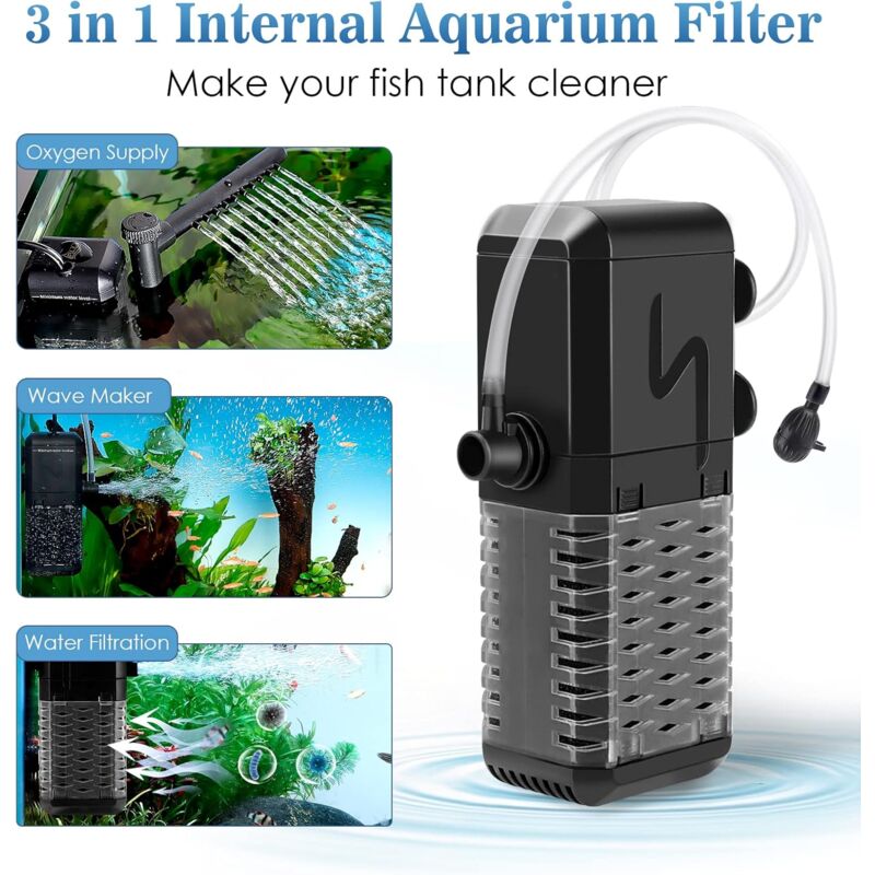 600L/H Internal Aquarium Filter Pump – Ultra-Quiet 3-in-1 Fish Tank Filter with Aerator & Spray Bar for Aquariums up to 200L