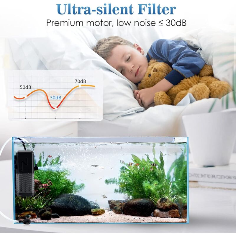 600L/H Internal Aquarium Filter Pump – Ultra-Quiet 3-in-1 Fish Tank Filter with Aerator & Spray Bar for Aquariums up to 200L