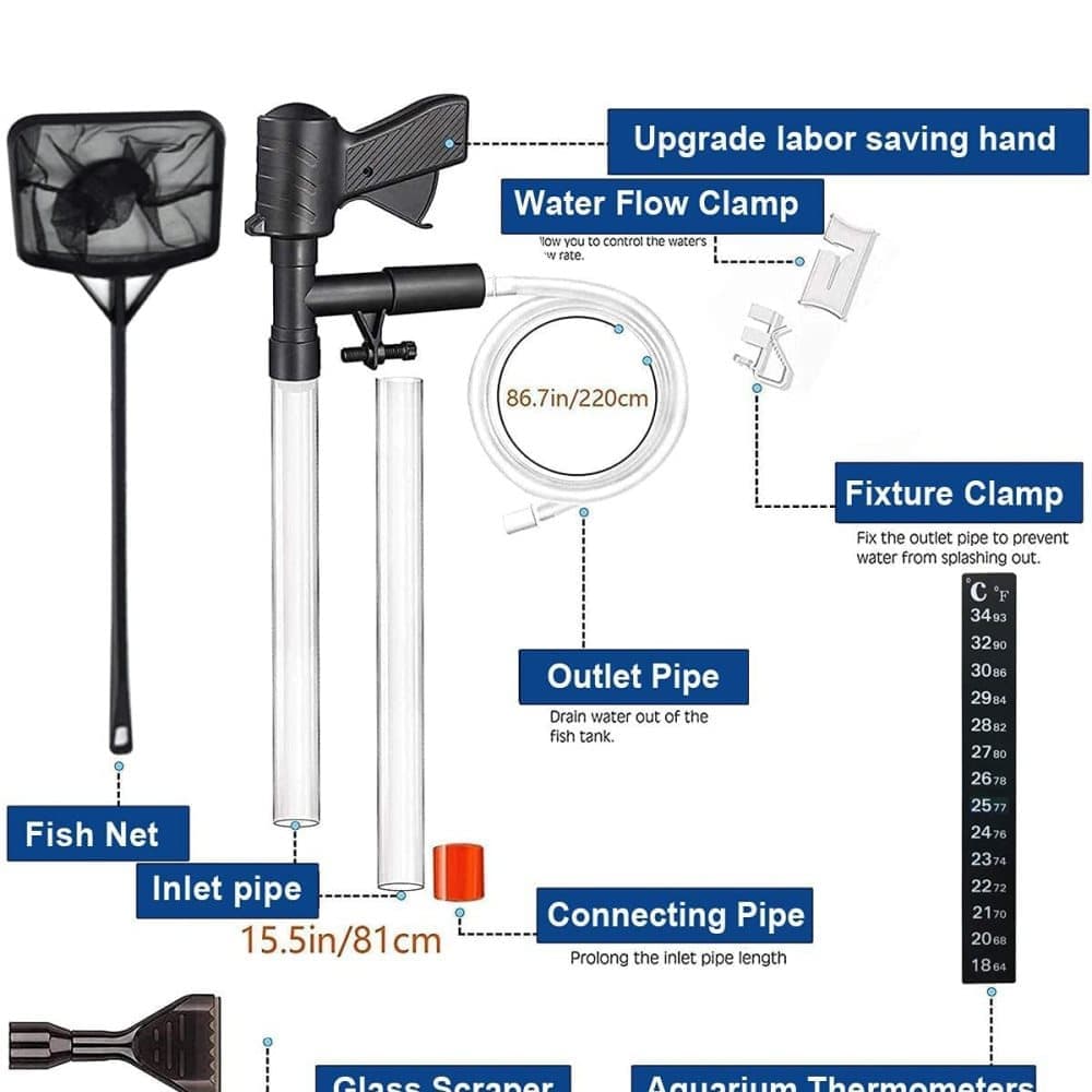 5-in-1 aquarium gravel vacuum cleaner kit with manual siphon, hose and accessories cleaning gravel and removing waste from a freshwater fish tank.