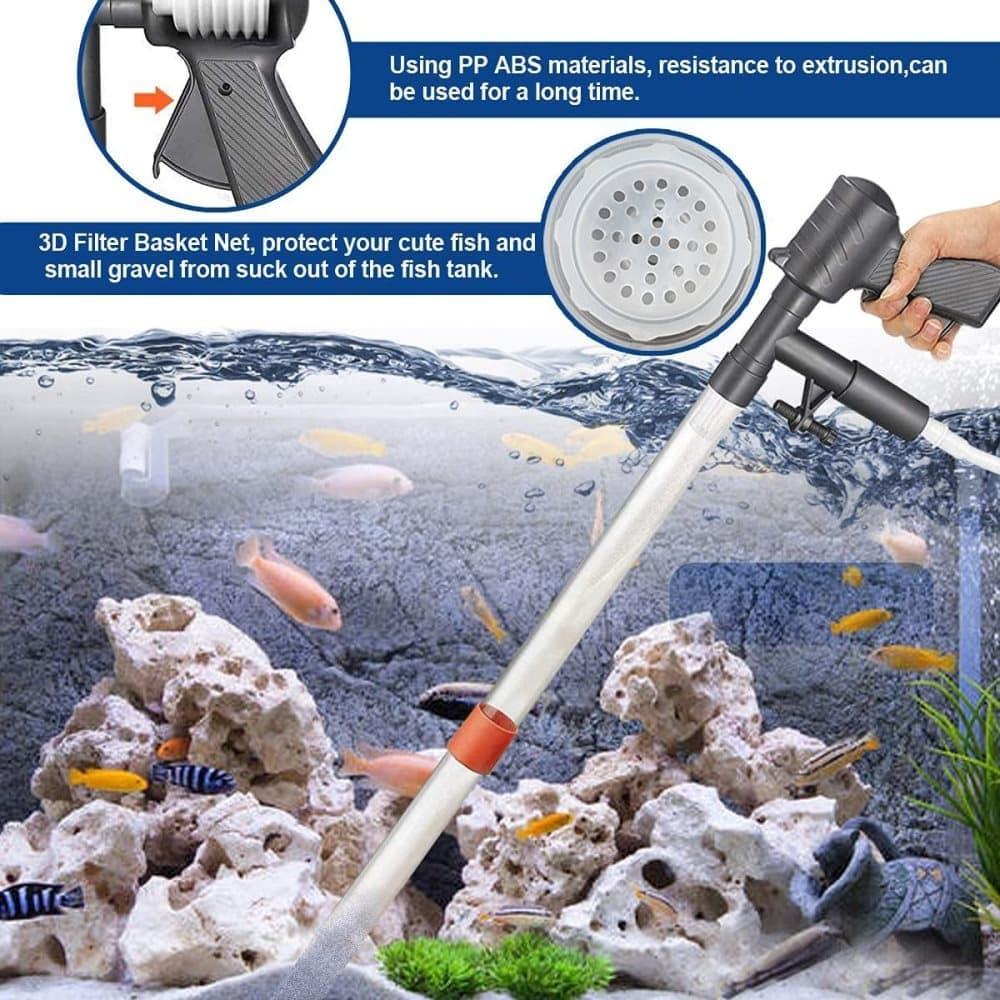 5-in-1 aquarium gravel vacuum cleaner kit with manual siphon, hose and accessories cleaning gravel and removing waste from a freshwater fish tank.
