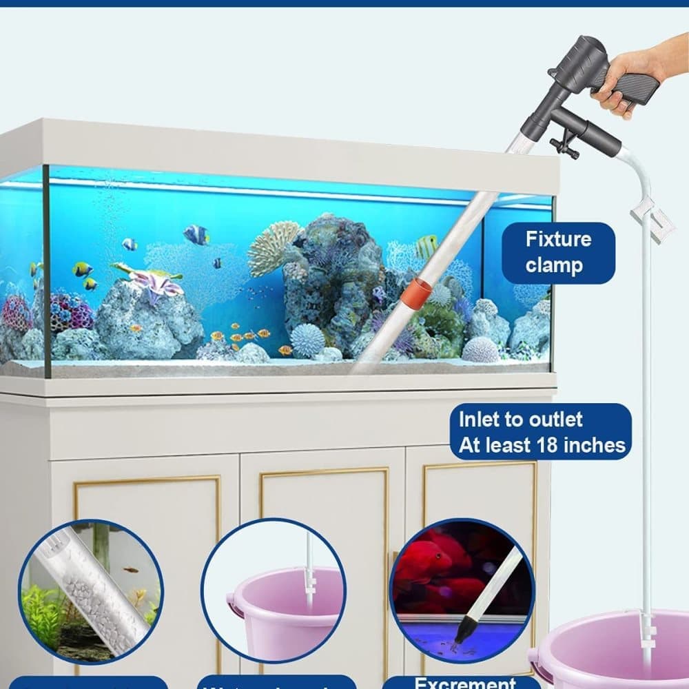 5-in-1 aquarium gravel vacuum cleaner kit with manual siphon, hose and accessories cleaning gravel and removing waste from a freshwater fish tank.