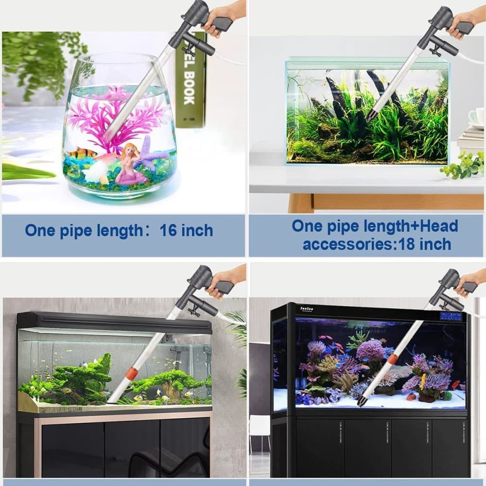 5-in-1 aquarium gravel vacuum cleaner kit with manual siphon, hose and accessories cleaning gravel and removing waste from a freshwater fish tank.