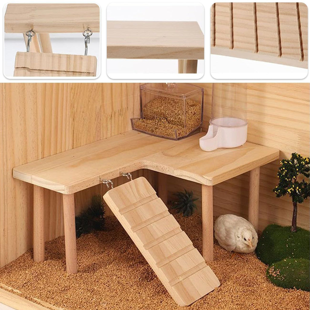 Large natural wooden reptile hideout with climbing ramp inside a terrarium for a bearded dragon, providing a secure cave and elevated basking platform.