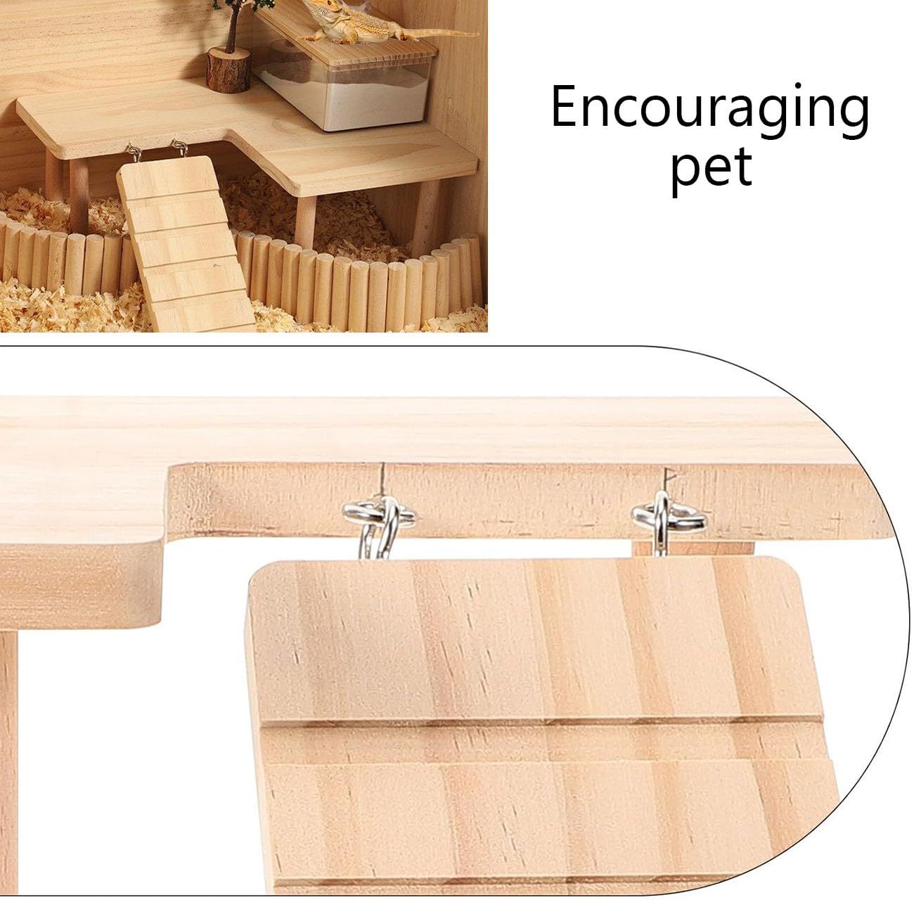Large natural wooden reptile hideout with climbing ramp inside a terrarium for a bearded dragon, providing a secure cave and elevated basking platform.