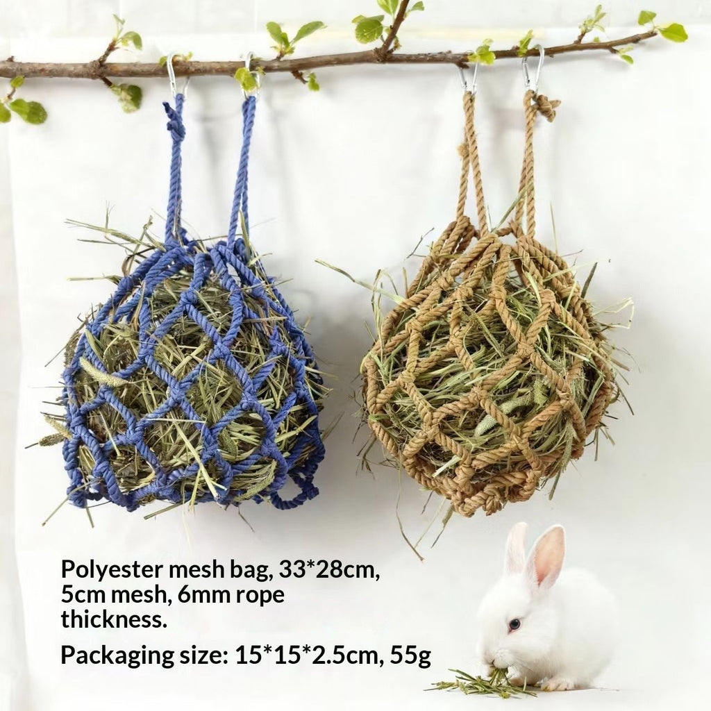 2 Pcs Rabbit Hay Feeder Mesh Bags, 2 Metal Hooks Hanging Hay Mesh Bags, Guinea Pig Hay Bags, High-Capacity Bunny Hay Bag for Rabbits, Chinchillas, Hamsters, （Coffee color+dark blue）