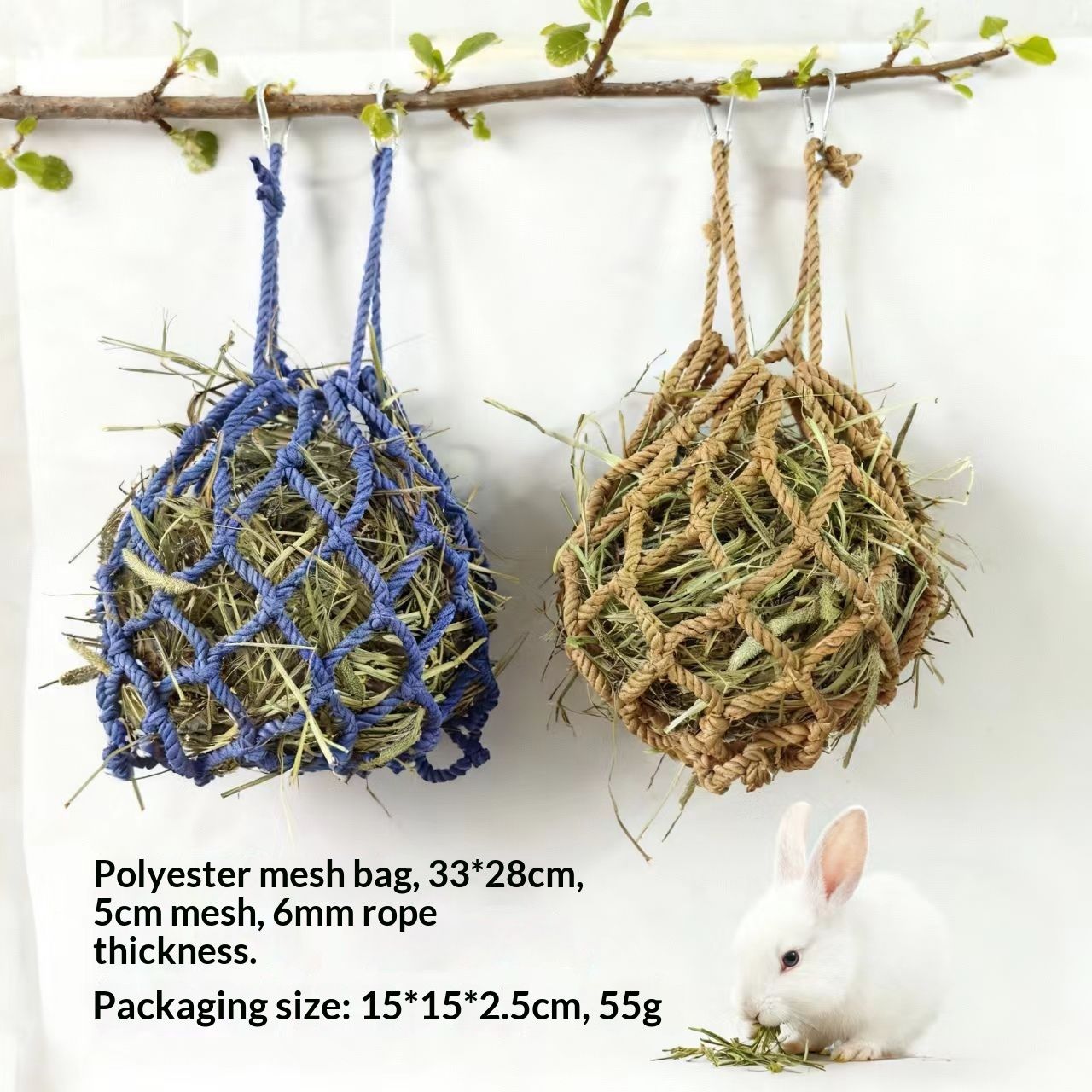 2 Pcs Rabbit Hay Feeder Mesh Bags, 2 Metal Hooks Hanging Hay Mesh Bags, Guinea Pig Hay Bags, High-Capacity Bunny Hay Bag for Rabbits, Chinchillas, Hamsters, （Coffee color+dark blue）