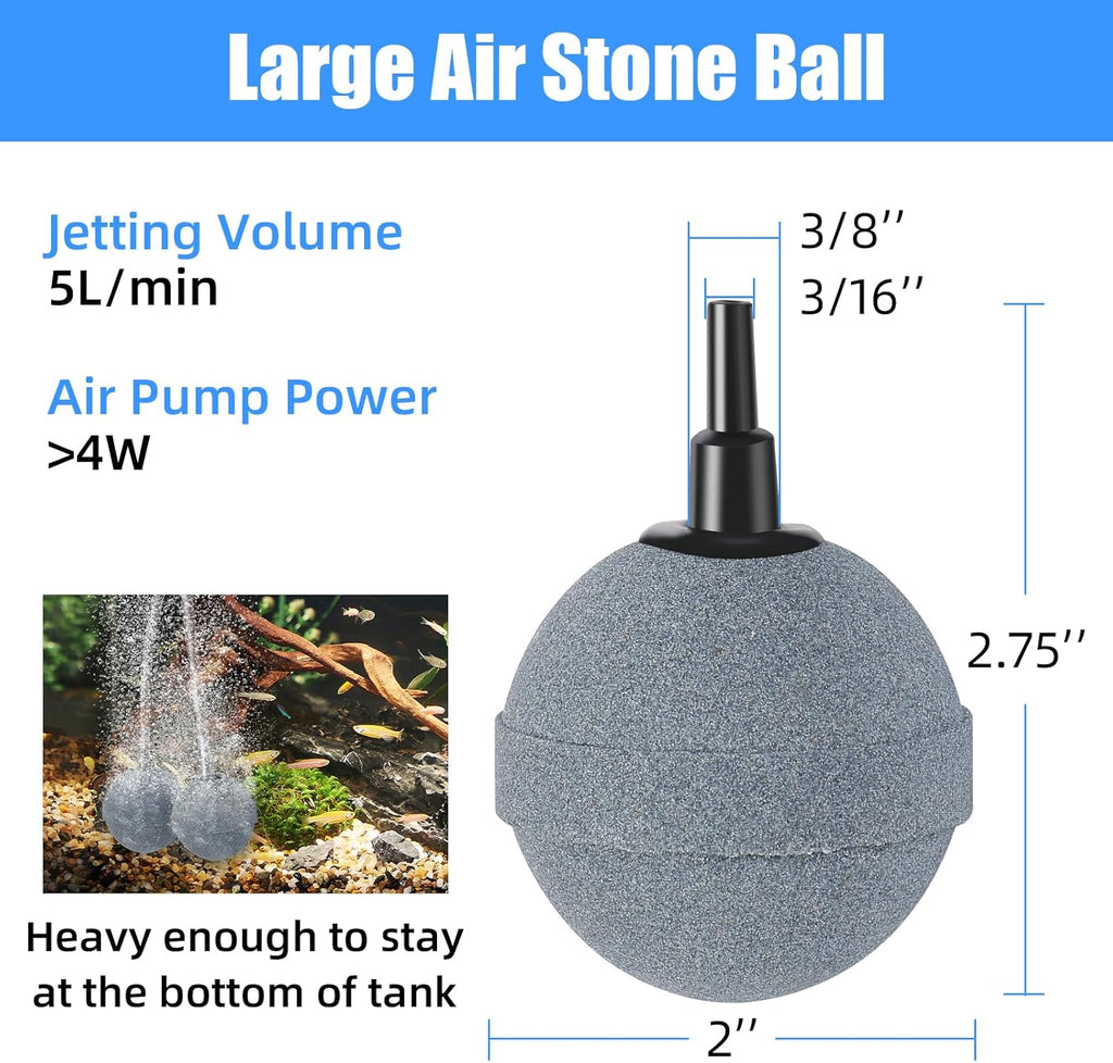Four 2-inch aquarium air stones producing ultra-fine bubbles inside a freshwater fish tank to improve oxygen levels for tropical fish and aquatic plants.