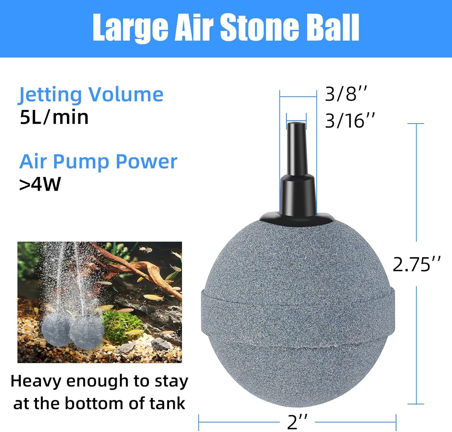Four 2-inch aquarium air stones producing ultra-fine bubbles inside a freshwater fish tank to improve oxygen levels for tropical fish and aquatic plants.