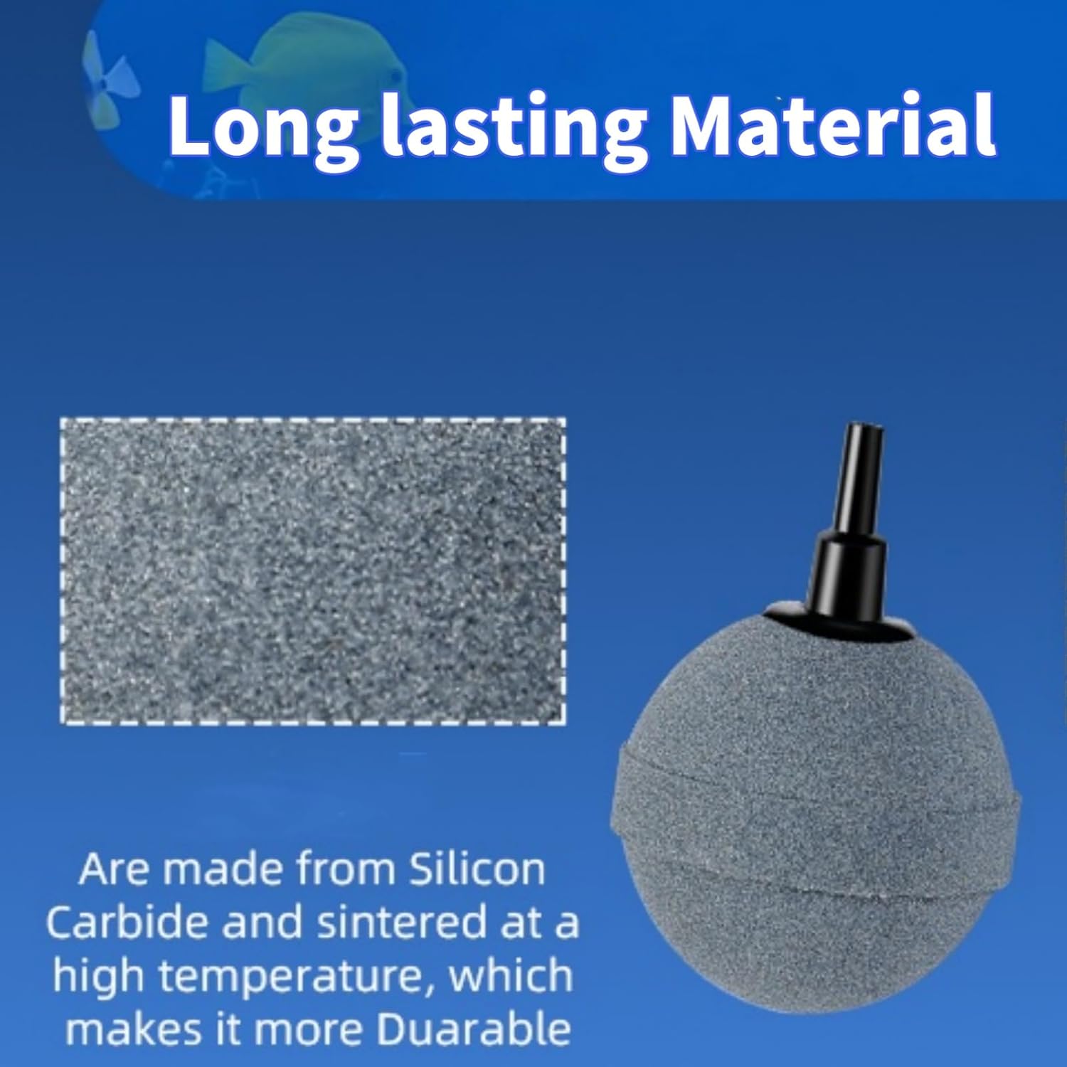 Four 2-inch aquarium air stones producing ultra-fine bubbles inside a freshwater fish tank to improve oxygen levels for tropical fish and aquatic plants.