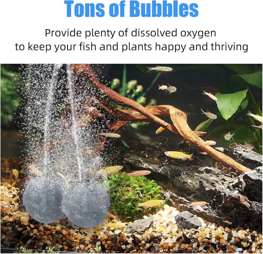 Four 2-inch aquarium air stones producing ultra-fine bubbles inside a freshwater fish tank to improve oxygen levels for tropical fish and aquatic plants.