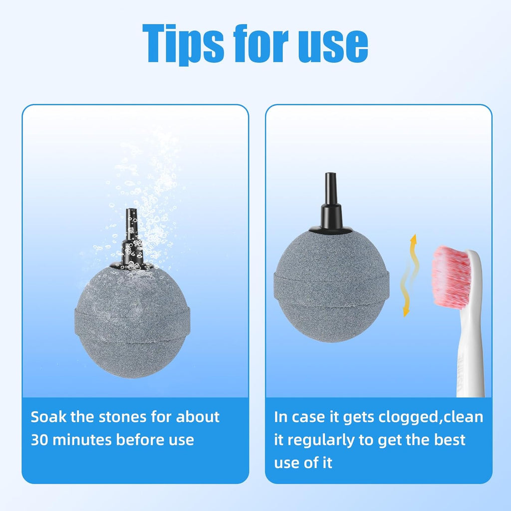 Four 2-inch aquarium air stones producing ultra-fine bubbles inside a freshwater fish tank to improve oxygen levels for tropical fish and aquatic plants.