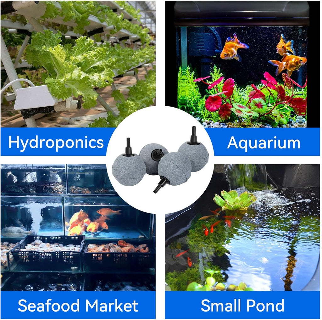 Four 2-inch aquarium air stones producing ultra-fine bubbles inside a freshwater fish tank to improve oxygen levels for tropical fish and aquatic plants.
