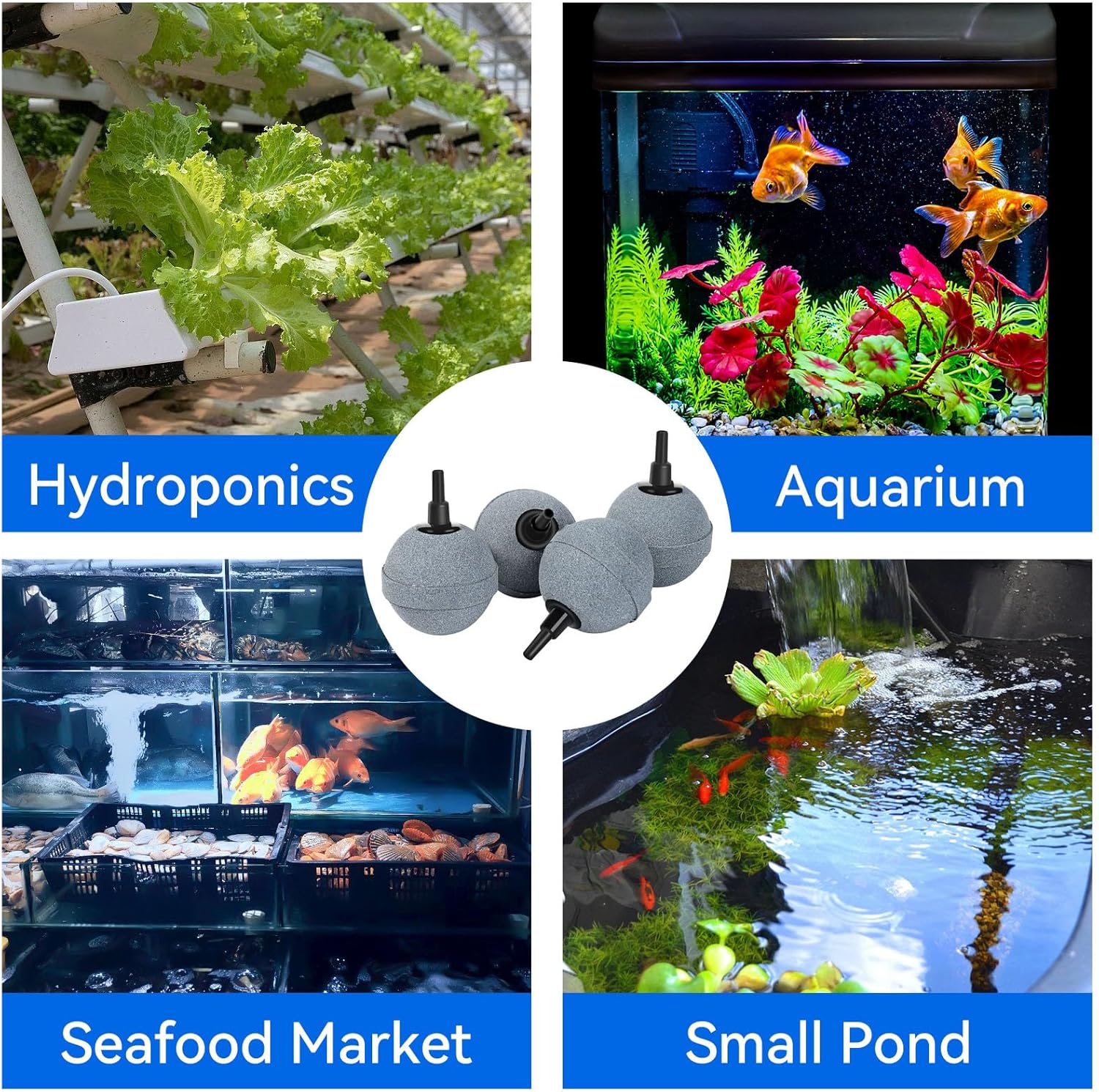 Four 2-inch aquarium air stones producing ultra-fine bubbles inside a freshwater fish tank to improve oxygen levels for tropical fish and aquatic plants.