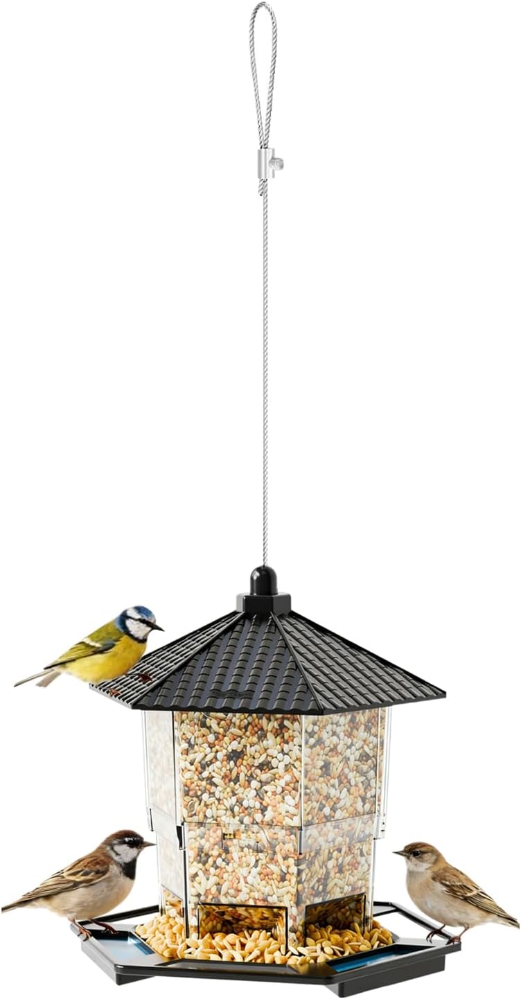 Bird Feeder Houses | Hanging and Refillable Feeding Station Squirrel-Proof Window Bird Feeder Including Landing Perch for Outdoor Garden Birds Wildlife Black