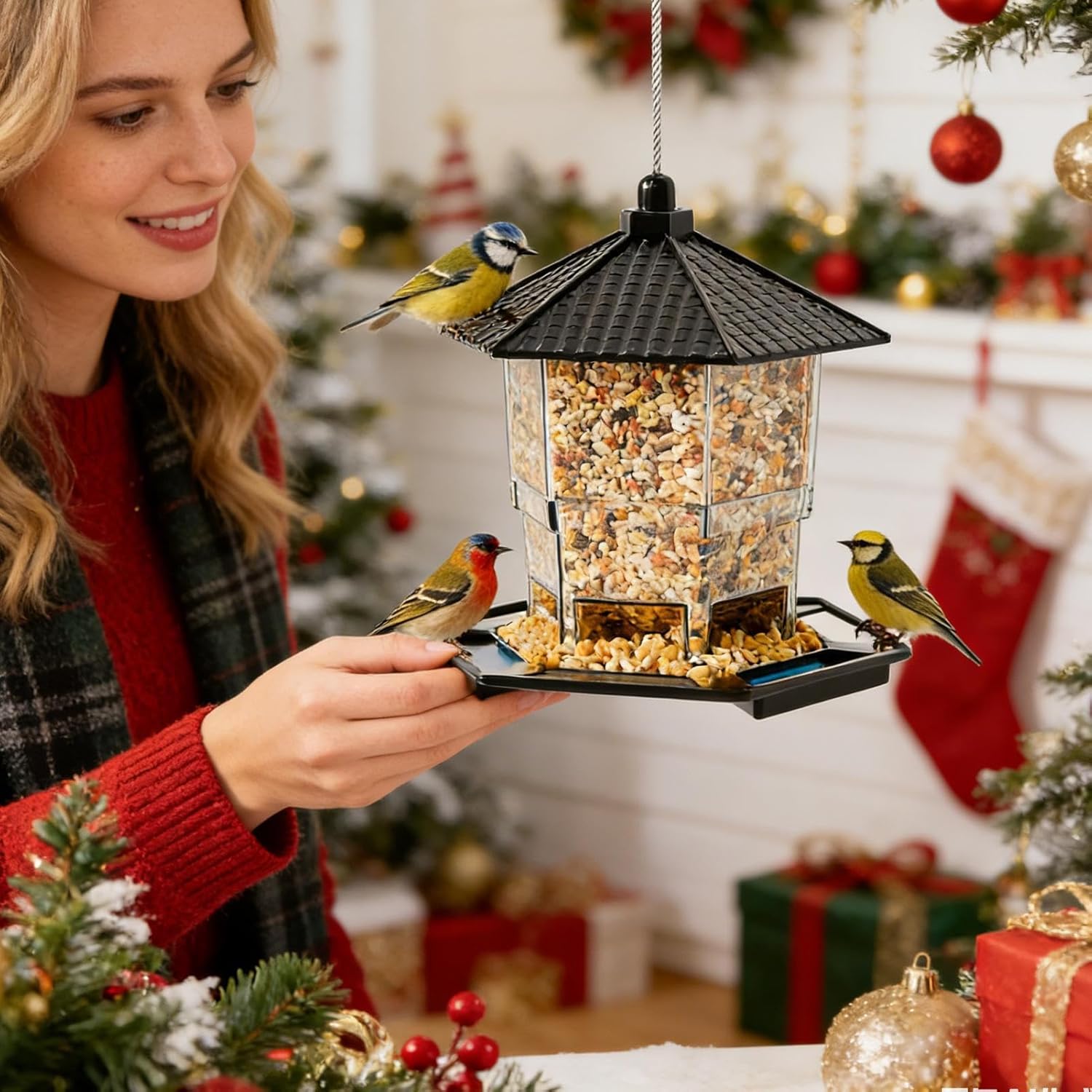 Bird Feeder Houses | Hanging and Refillable Feeding Station Squirrel-Proof Window Bird Feeder Including Landing Perch for Outdoor Garden Birds Wildlife Black