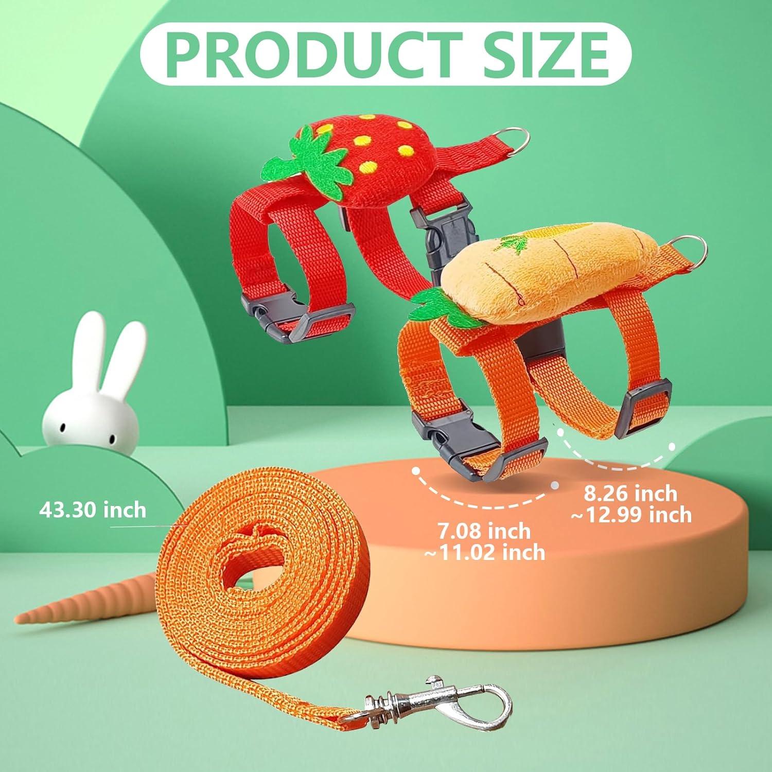 2pcs Rabbit Harness and Leash Set Cute Carrot and Strawberry Trim, Adjustable,for Rabbits, Cats Small Pets
