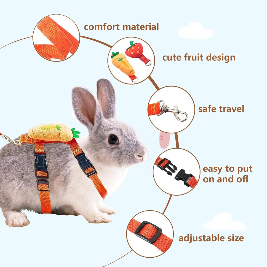 2pcs Rabbit Harness and Leash Set Cute Carrot and Strawberry Trim, Adjustable,for Rabbits, Cats Small Pets