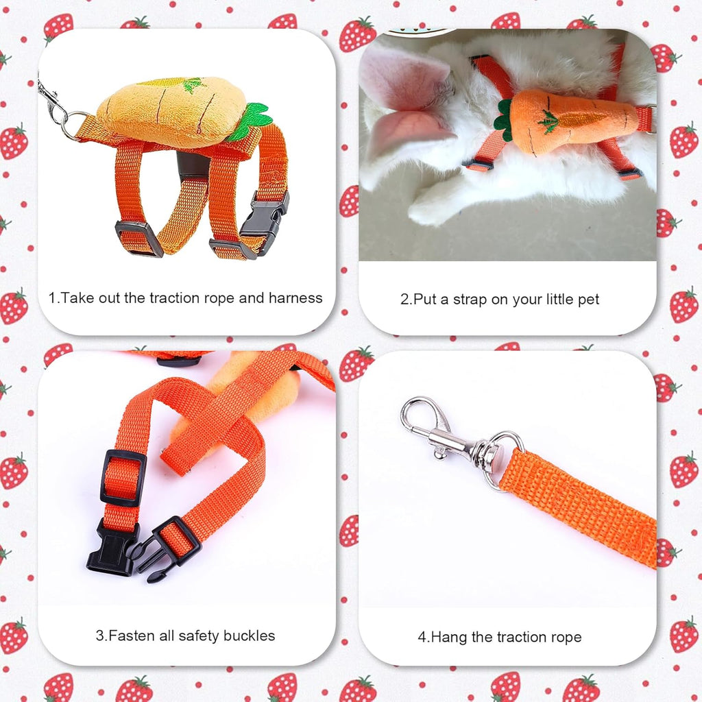 2pcs Rabbit Harness and Leash Set Cute Carrot and Strawberry Trim, Adjustable,for Rabbits, Cats Small Pets