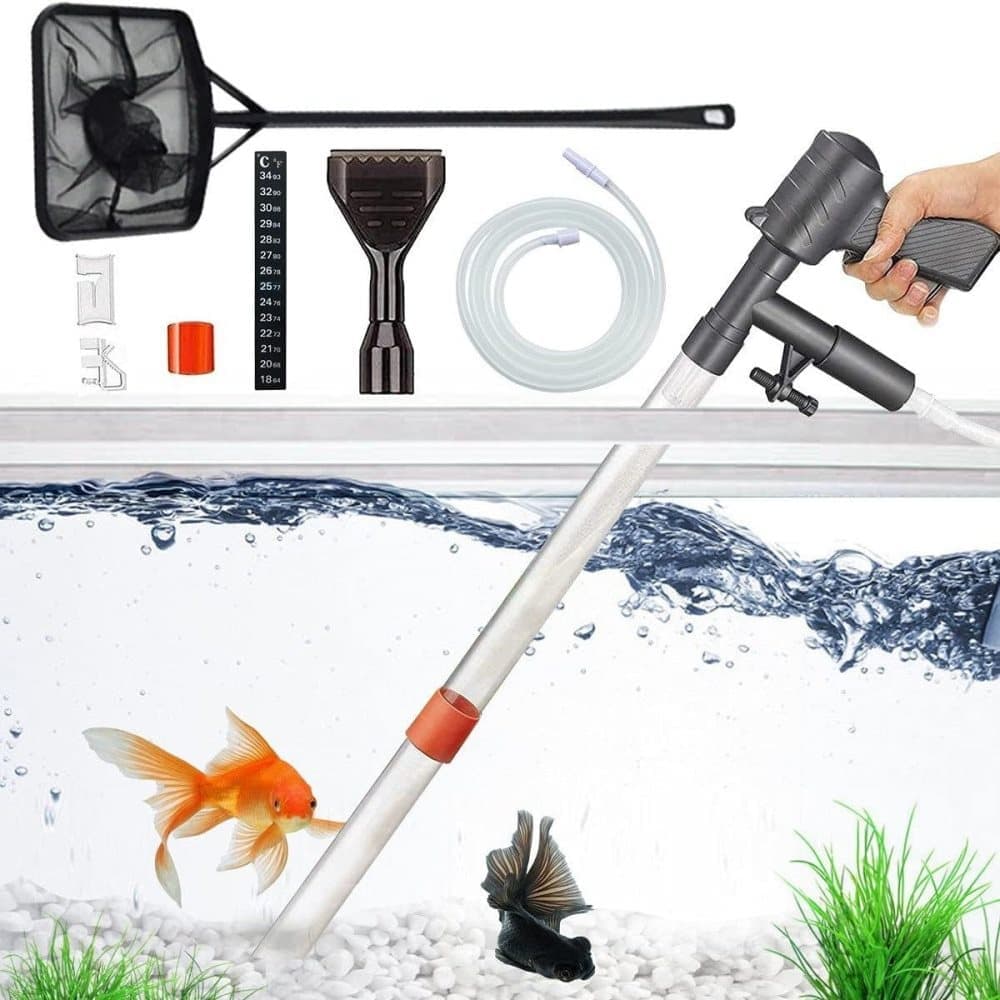 5-in-1 aquarium gravel vacuum cleaner kit with manual siphon, hose and accessories cleaning gravel and removing waste from a freshwater fish tank.