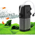 600L/H internal aquarium filter pump with sponge filter, spray bar and aerator installed inside a freshwater tropical fish tank providing filtration and oxygenation.