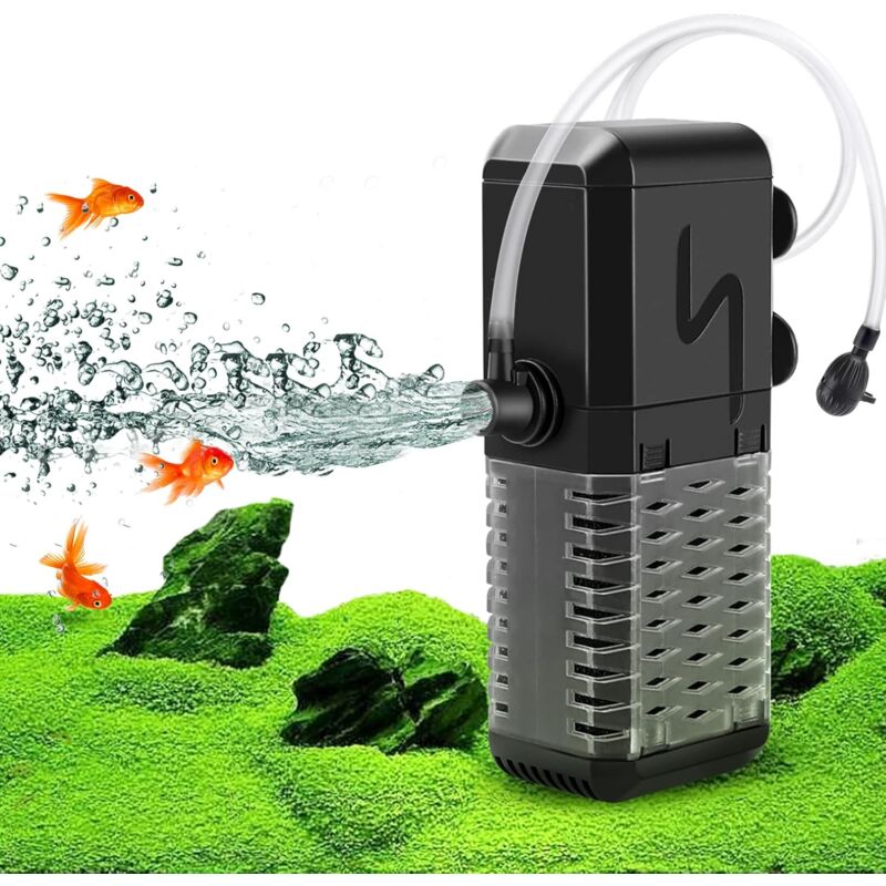 600L/H internal aquarium filter pump with sponge filter, spray bar and aerator installed inside a freshwater tropical fish tank providing filtration and oxygenation.