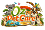A colorful cartoon logo reading 'Oz Pet Care' surrounded by illustrated animals including a koala, dog, cat, rabbit, bird, fish, and a fishbowl on a white background.
